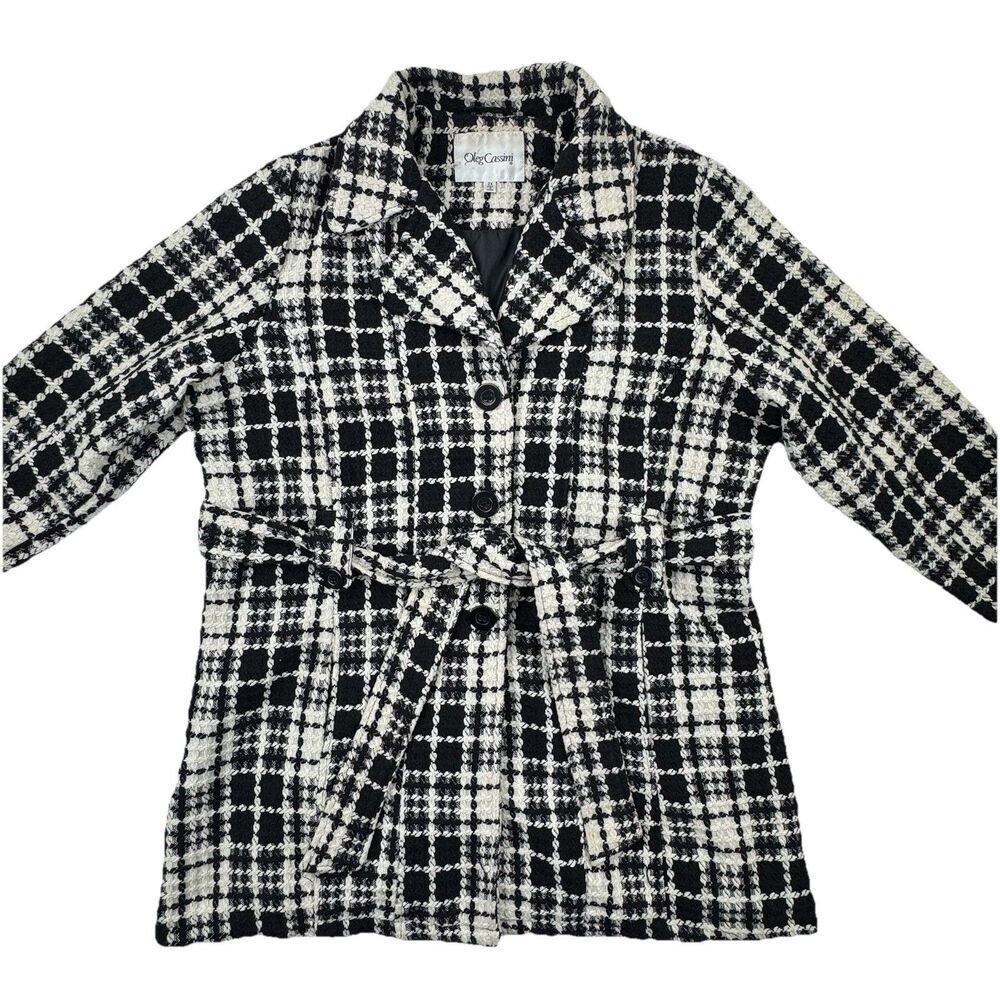 Oleg Cassini Women’s 2X Plaid Wool Blend Coat Black White Tweed Belted Lined